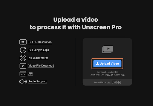 Unscreen Pro video upload page