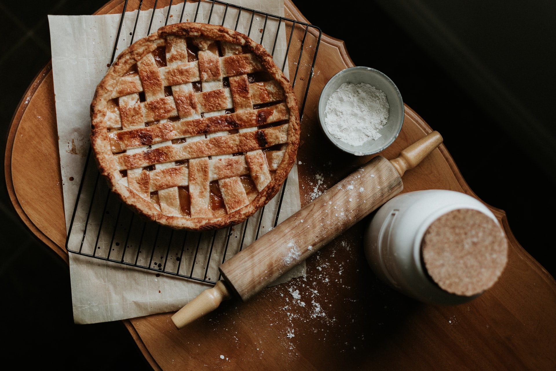 Brown pie on wooden table