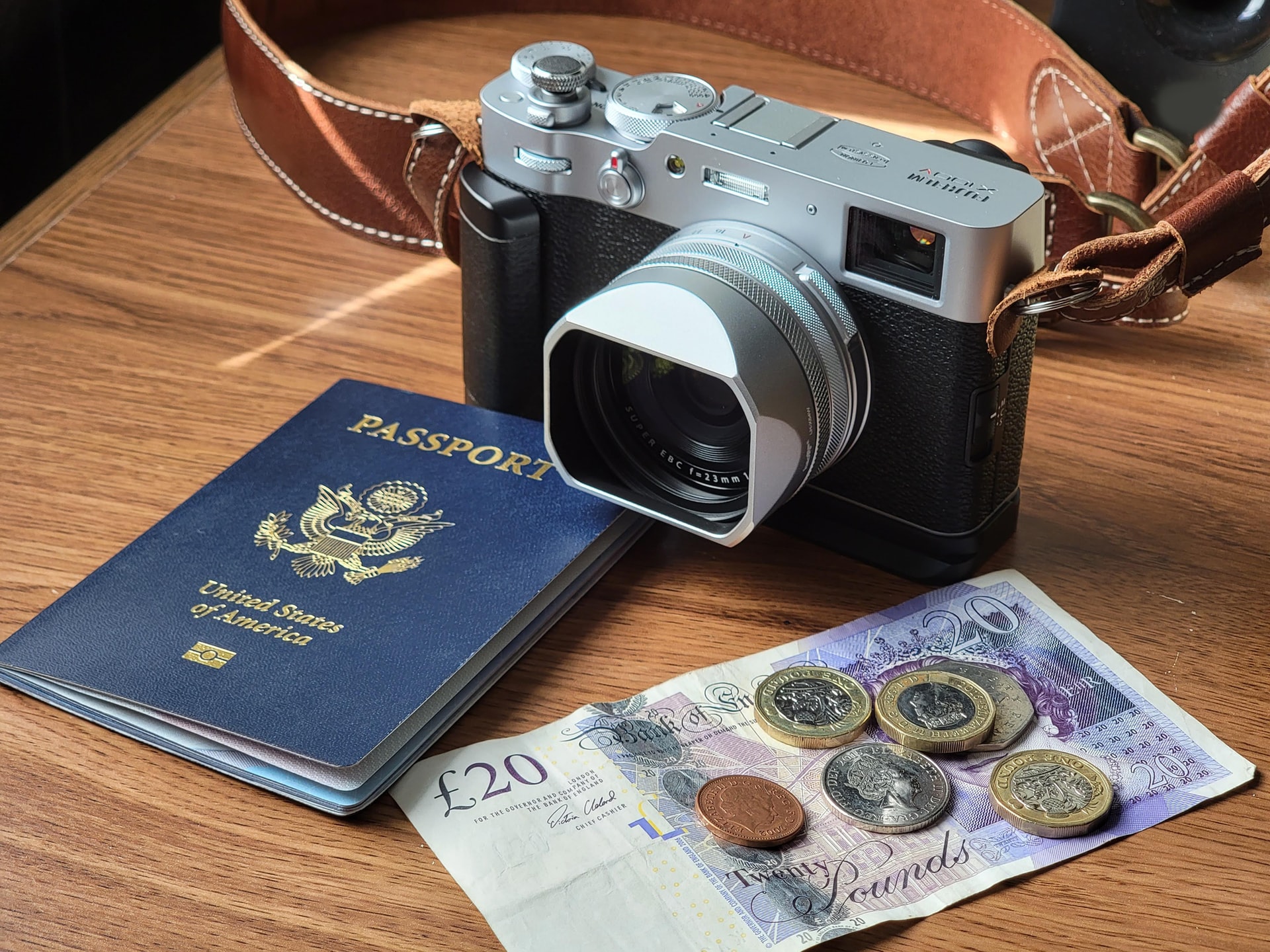 United States passport, a camera and money laying on a table 