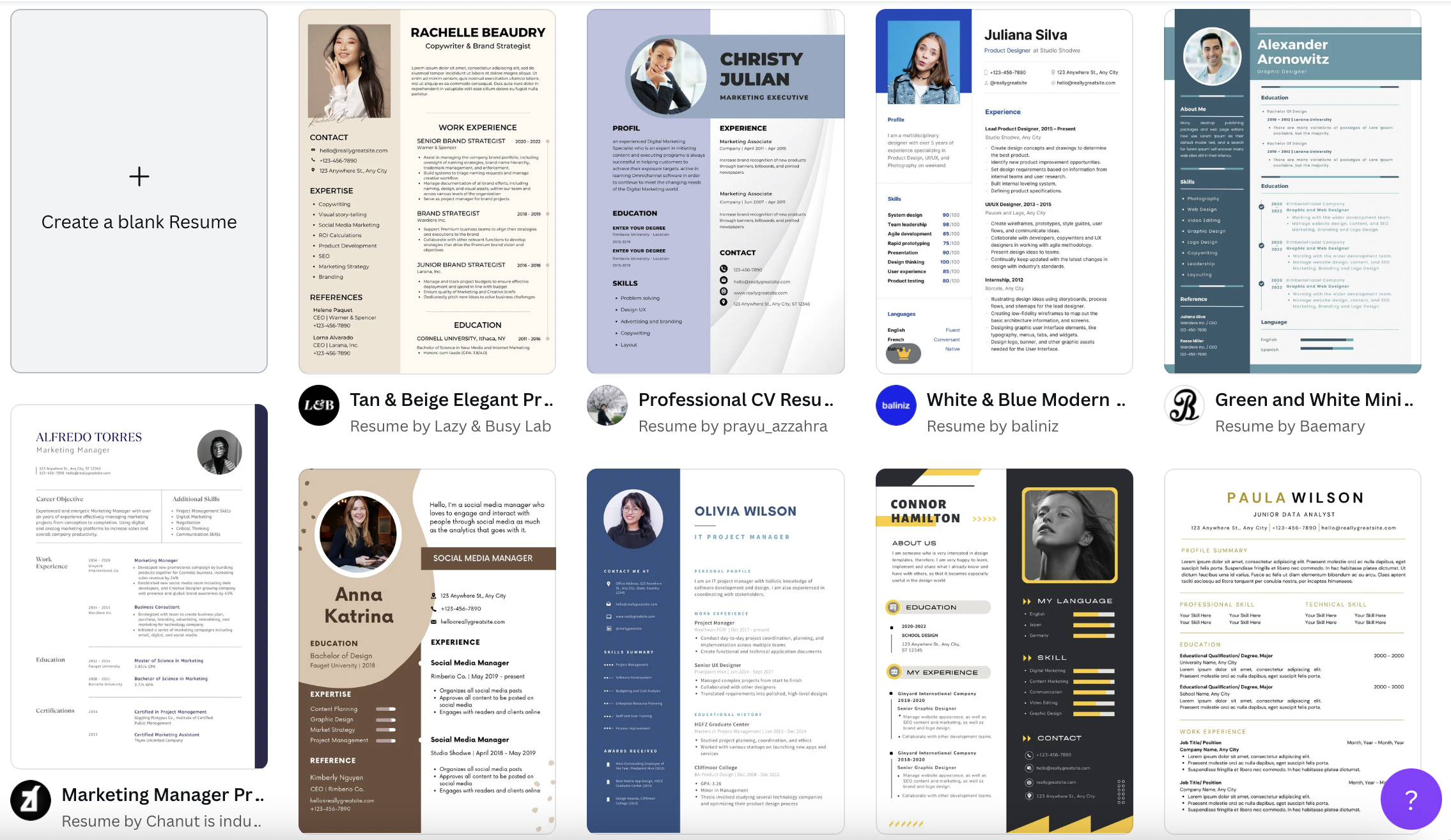 CV templates on Canva