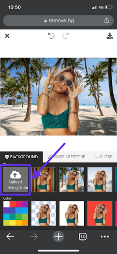 Highlighted "upload background" button on remove.bg background editing section