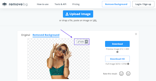 Highlighted "Edit" button on remove.bg tool